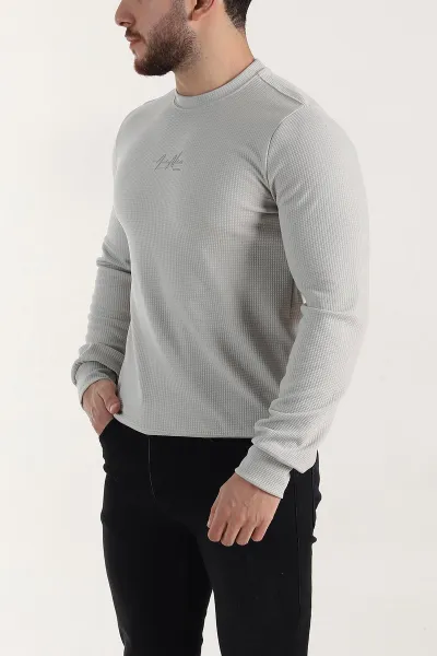 Gri Relaxed Fit Dokulu Kabartma Yazı Detaylı Erkek Sweatshirt 398555