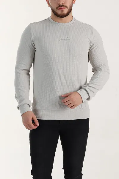 Gri Relaxed Fit Dokulu Kabartma Yazı Detaylı Erkek Sweatshirt 398555