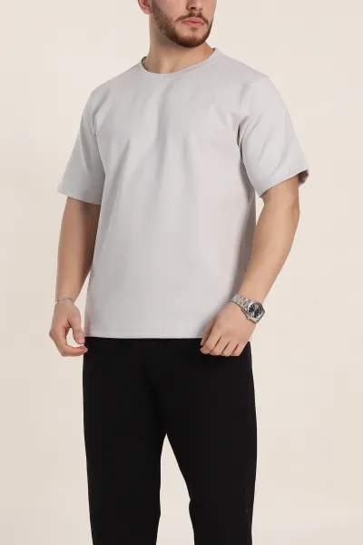 Gri Relaxed Fit Double Face Basic Erkek Tişört 348942
