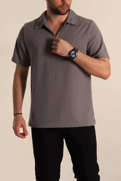Gri Relaxed Fit Fitilli Doku Fermuarlı Polo Yaka Erkek Tişört 268314