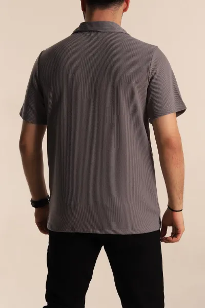 Gri Relaxed Fit Fitilli Doku Fermuarlı Polo Yaka Erkek Tişört 268314