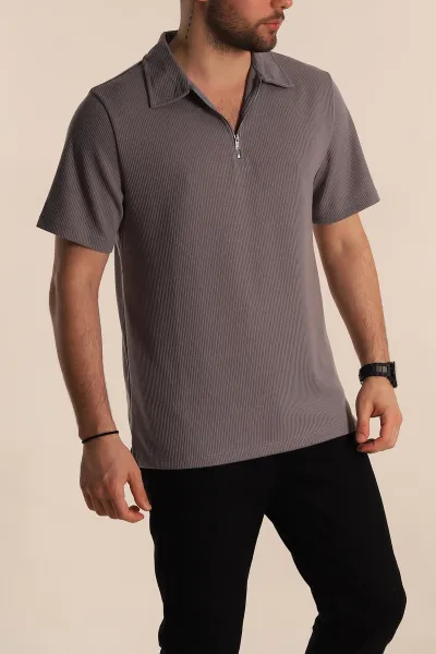 Gri Relaxed Fit Fitilli Doku Fermuarlı Polo Yaka Erkek Tişört 268314