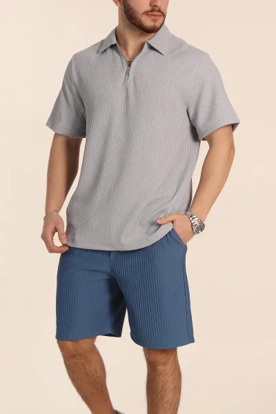 Gri Relaxed Fit Fitilli Doku Fermuarlı Polo Yaka Erkek Tişört 347559