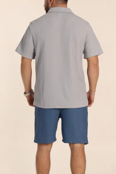 Gri Relaxed Fit Fitilli Doku Fermuarlı Polo Yaka Erkek Tişört 347559