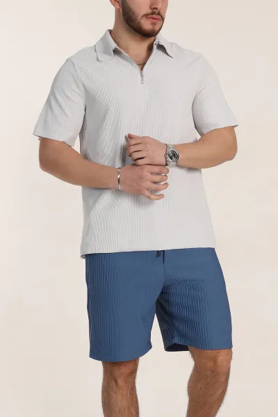 Gri Relaxed Fit Fitilli Doku Fermuarlı Polo Yaka Erkek Tişört 348149