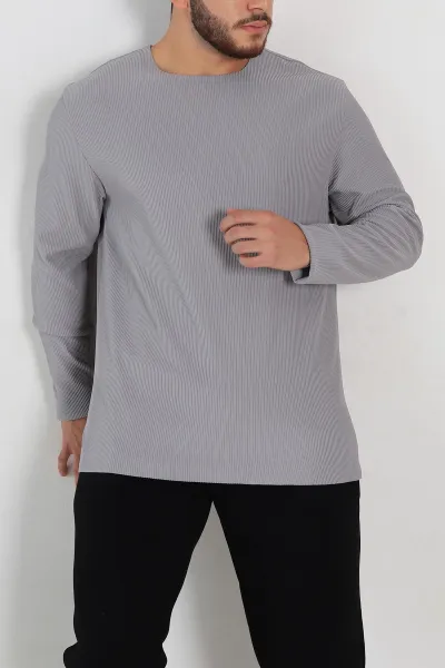 Gri Relaxed Fit Fitilli Doku Geniş Yaka Erkek Sweatshirt 300054