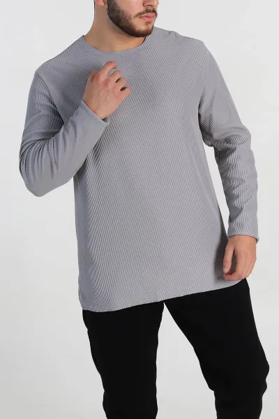 Gri Relaxed Fit Fitilli Doku Geniş Yaka Erkek Sweatshirt 300054