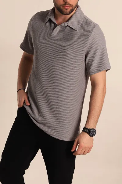 Gri Relaxed Fit Fitilli Doku Polo Yaka Erkek Tişört 268866