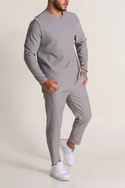 Gri Relaxed Fit Fitilli Dokulu Erkek Eşofman Takımı 300074