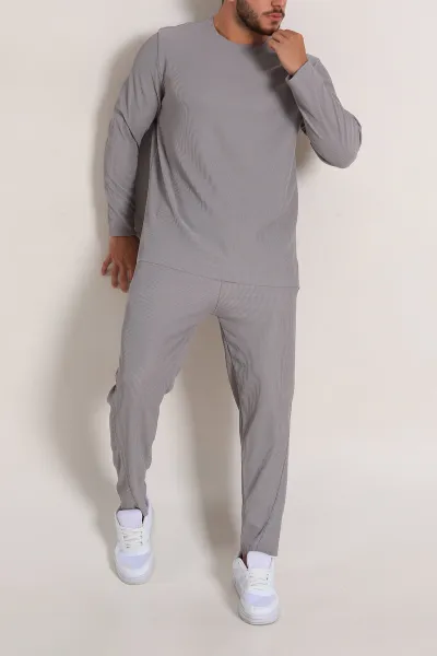 Gri Relaxed Fit Fitilli Dokulu Erkek Eşofman Takımı 300074