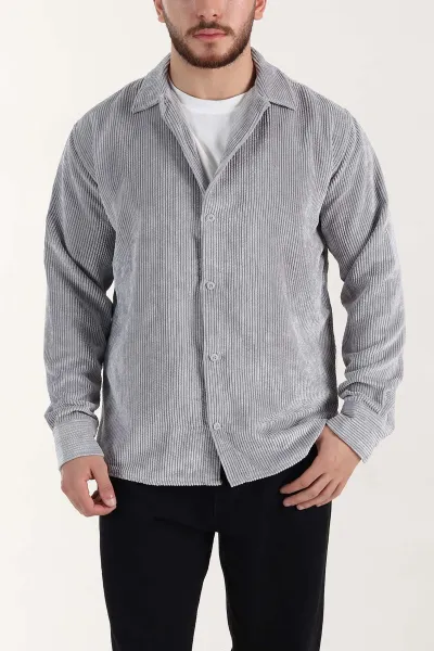 Gri Relaxed Fit Fitilli Kadife Erkek Gömlek 399751