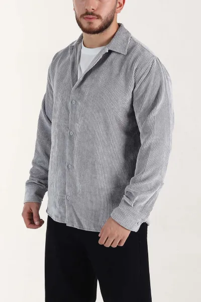 Gri Relaxed Fit Fitilli Kadife Erkek Gömlek 399751