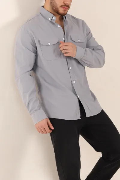 Gri Relaxed Fit Gabardin Çift Cep Detaylı Ata Yaka Erkek Gömlek 339106