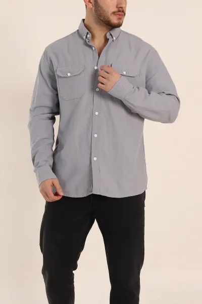 Gri Relaxed Fit Gabardin Çift Cep Detaylı Ata Yaka Erkek Gömlek 339106