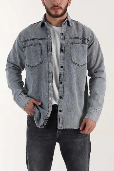 Gri Relaxed Fit Gabardin Çift Cepli Yıkamalı  Erkek Gömlek 397974