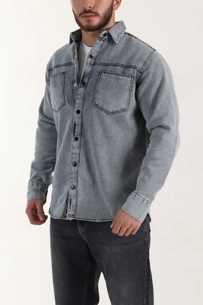 Gri Relaxed Fit Gabardin Çift Cepli Yıkamalı  Erkek Gömlek 397974