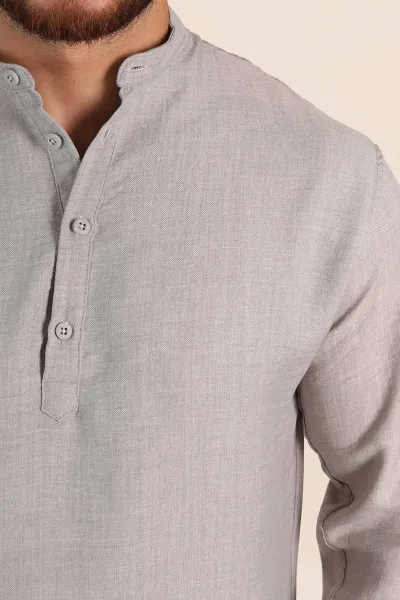 Gri Relaxed Fit Hakim Yaka Yarım Düğmeli Erkek Gömlek 369856