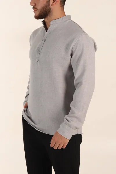Gri Relaxed Fit Hakim Yaka Yarım Düğmeli Erkek Gömlek 369856