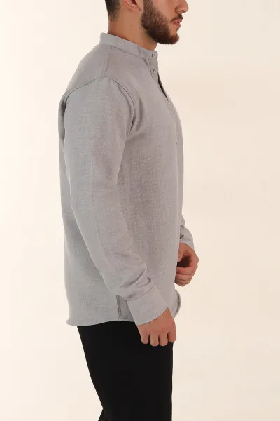 Gri Relaxed Fit Hakim Yaka Yarım Düğmeli Erkek Gömlek 369856
