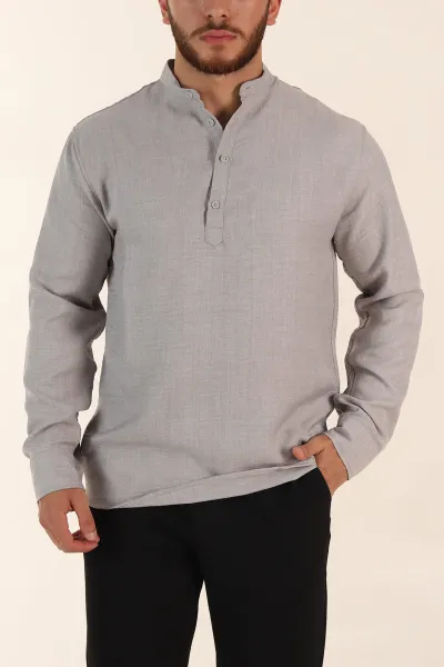 gri-relaxed-fit-hakim-yaka-yarim-dugmeli-erkek-gomlek-369856
