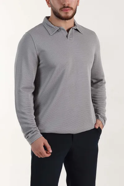 Gri Relaxed Fit Jakarlı Kumaş Kalın Fitilli Polo Yaka Sweatshirt 399555