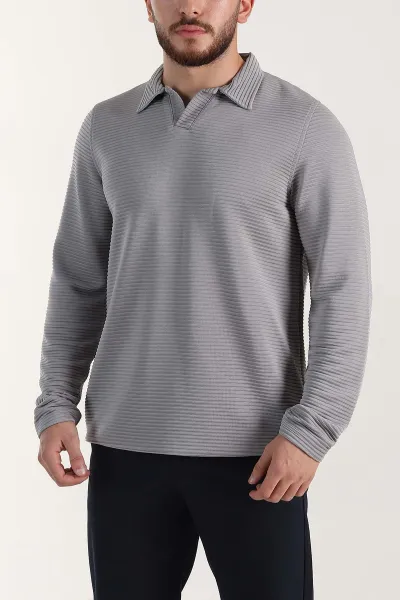 Gri Relaxed Fit Jakarlı Kumaş Kalın Fitilli Polo Yaka Sweatshirt 399555