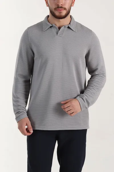 Gri Relaxed Fit Jakarlı Kumaş Kalın Fitilli Polo Yaka Sweatshirt 399555