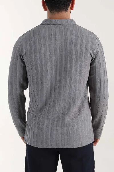 Gri Relaxed Fit Jakarlı Kumaş Yazı Detay Polo Yaka Erkek Sweatshirt 399384