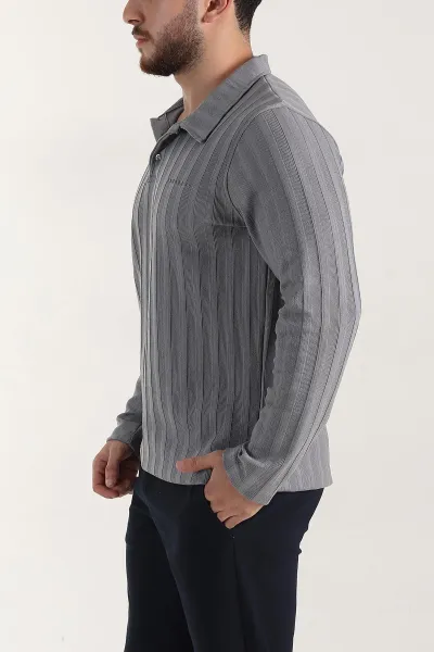 Gri Relaxed Fit Jakarlı Kumaş Yazı Detay Polo Yaka Erkek Sweatshirt 399384