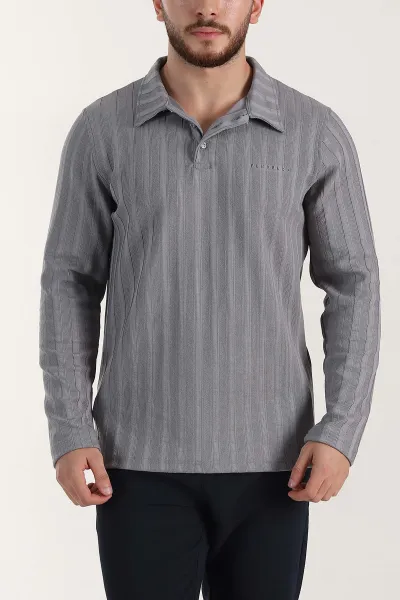 Gri Relaxed Fit Jakarlı Kumaş Yazı Detay Polo Yaka Erkek Sweatshirt 399384