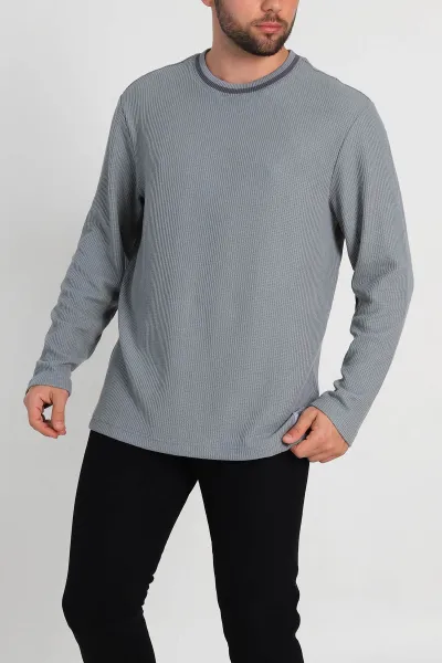 Gri Relaxed Fit Jakarlı Pike Dokulu Erkek İnce Sweatshirt 322368