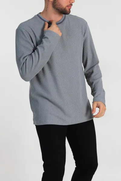 Gri Relaxed Fit Jakarlı Pike Dokulu Erkek İnce Sweatshirt 322368
