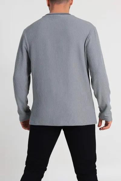 Gri Relaxed Fit Jakarlı Pike Dokulu Erkek İnce Sweatshirt 322368