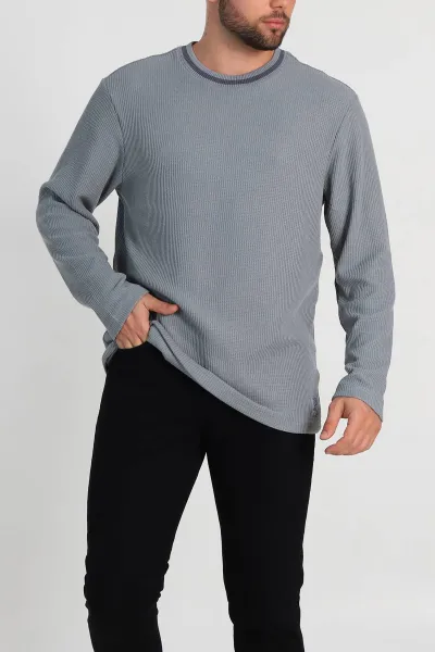 Gri Relaxed Fit Jakarlı Pike Dokulu Erkek İnce Sweatshirt 322368