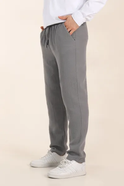 Gri Relaxed Fit Kalın Müslin Keten Erkek Jogger Eşofman Altı 354107