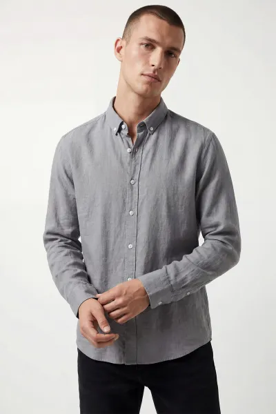 Gri Relaxed Fit Keten Ata Yaka Erkek Gömlek 435846