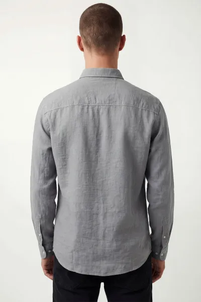Gri Relaxed Fit Keten Ata Yaka Erkek Gömlek 435846