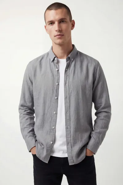 Gri Relaxed Fit Keten Ata Yaka Erkek Gömlek 435846