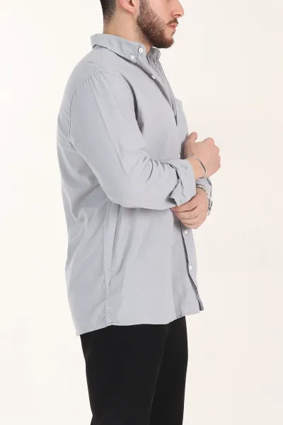 Gri Relaxed Fit Keten Cep Detaylı Erkek Gömlek 356968