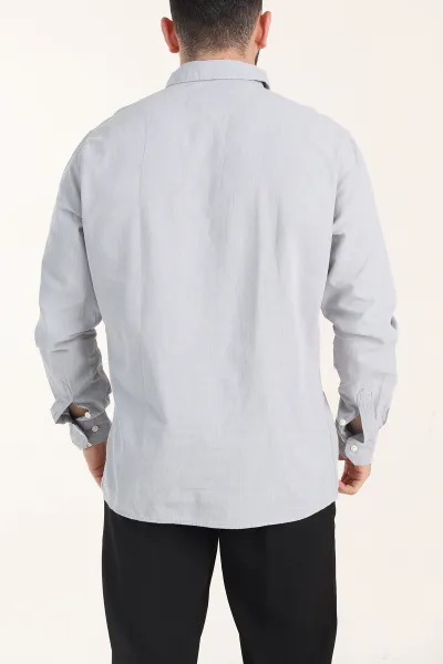 Gri Relaxed Fit Keten Cep Detaylı Erkek Gömlek 356968