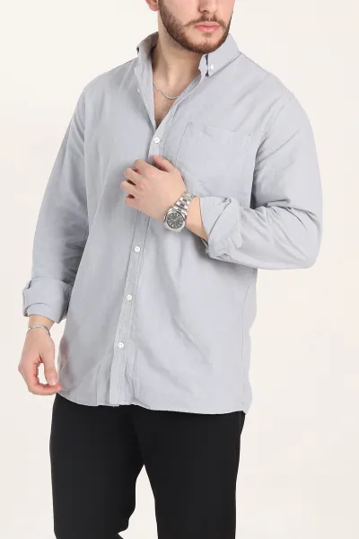 Gri Relaxed Fit Keten Cep Detaylı Erkek Gömlek 356968