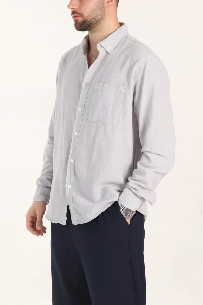 Gri Relaxed Fit Keten Cep Detaylı Erkek Gömlek 356975