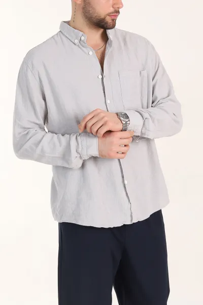 Gri Relaxed Fit Keten Cep Detaylı Erkek Gömlek 356975
