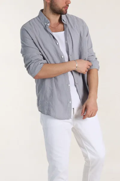 Gri Relaxed Fit Keten Kare Dokulu Ata Yaka Erkek Gömlek 339182