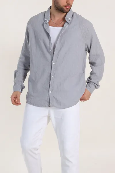 Gri Relaxed Fit Keten Kare Dokulu Ata Yaka Erkek Gömlek 339182