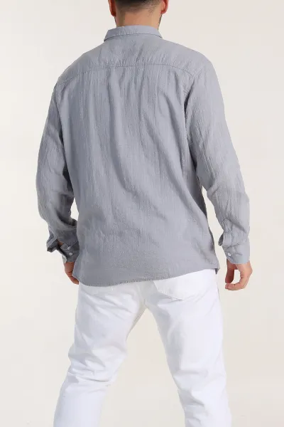 Gri Relaxed Fit Keten Kare Dokulu Ata Yaka Erkek Gömlek 339182