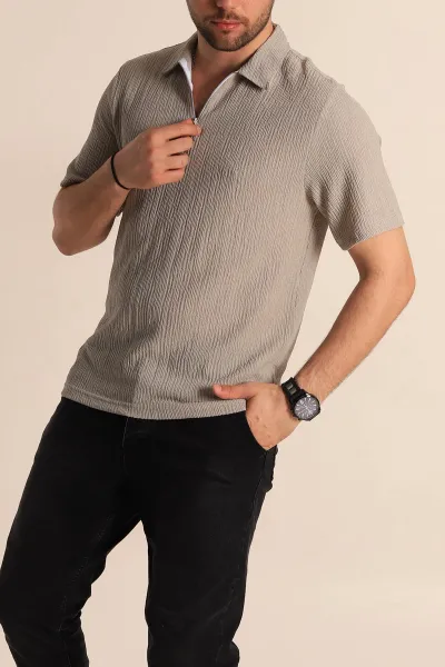 Gri Relaxed Fit Melanjlı Fermuarlı Polo Yaka Erkek Tişört 267654