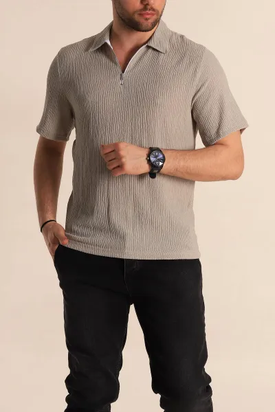 Gri Relaxed Fit Melanjlı Fermuarlı Polo Yaka Erkek Tişört 267654
