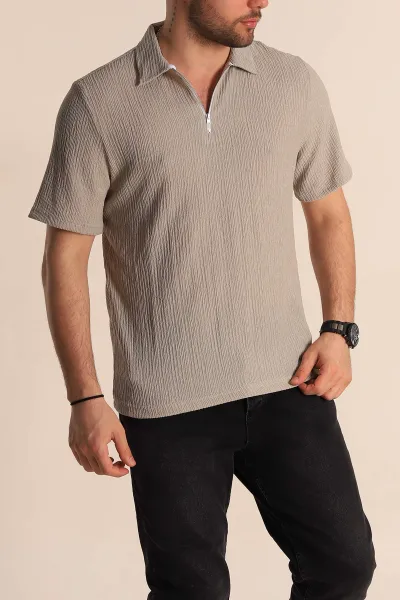 Gri Relaxed Fit Melanjlı Fermuarlı Polo Yaka Erkek Tişört 267654