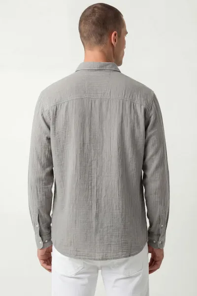 Gri Relaxed Fit Müslin Keten Ata Yaka Erkek Gömlek 435757